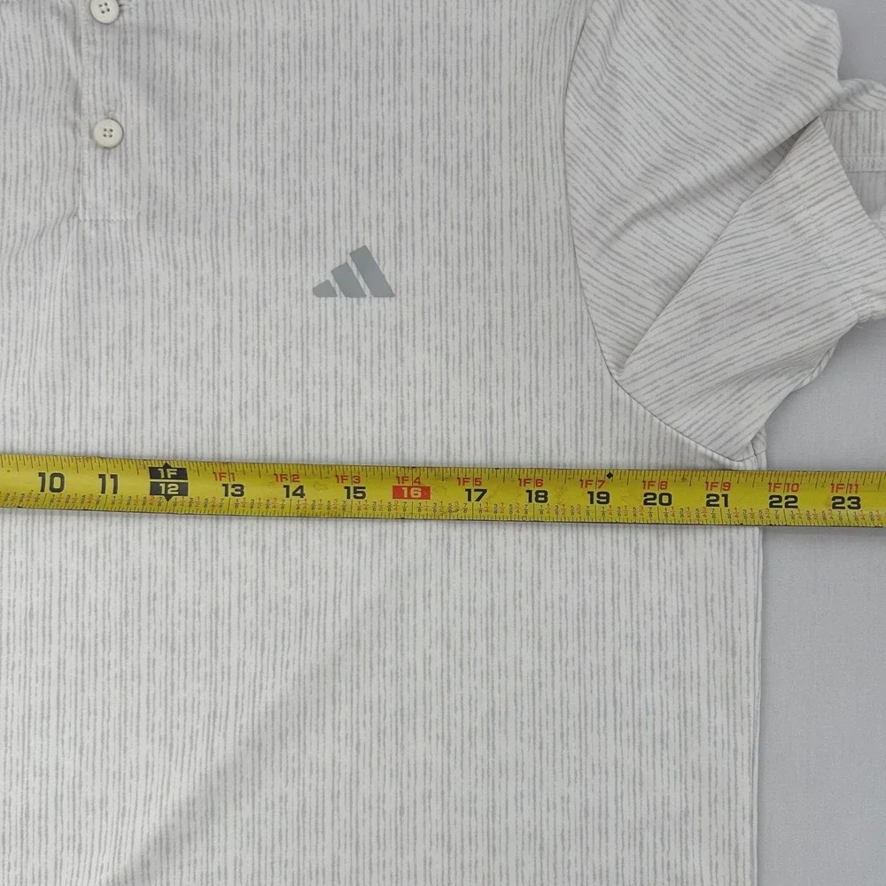 Adidas Golf Shirt Men M White Grey Striped Henley Banded Collar Short Sleeve